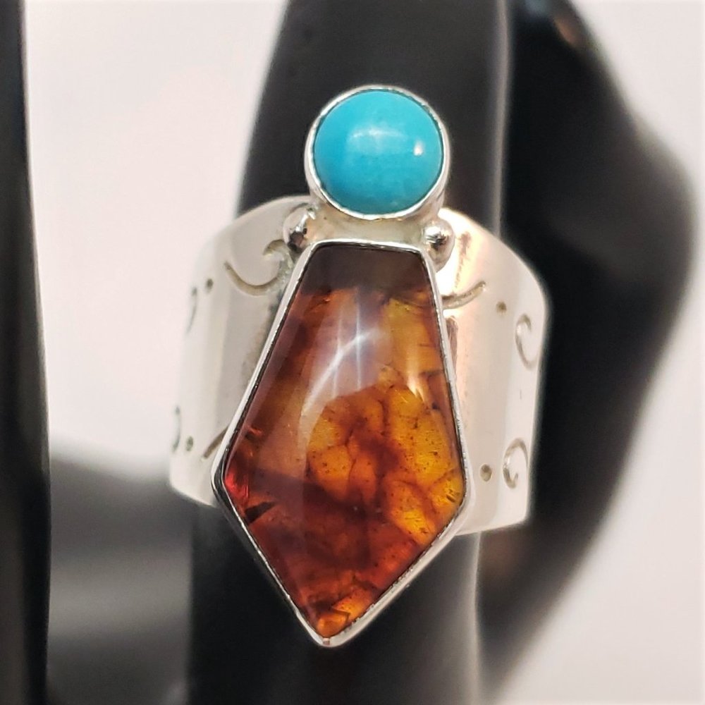 Jay King Baltic Amber & Turquoise Sterling Ring - Picture 4 of 8